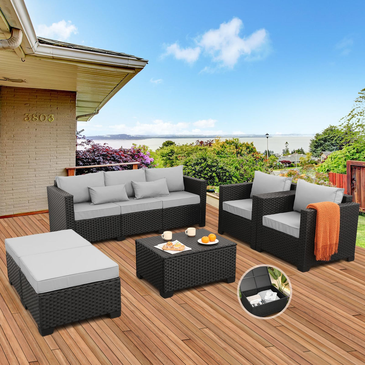 Patio Wicker Furniture Set 6 Pieces Outdoor HDPE Wicker Conversation Couch Sectional Chair Sofa Set with Grey Cushions