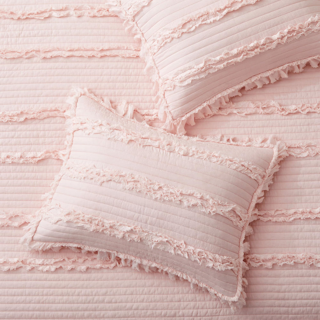 Ultra Soft Ruffle Fringed Quilt, Shabby Chic Rustic Pink Bedding Set, Stone Washed Boho Decorative Quilt