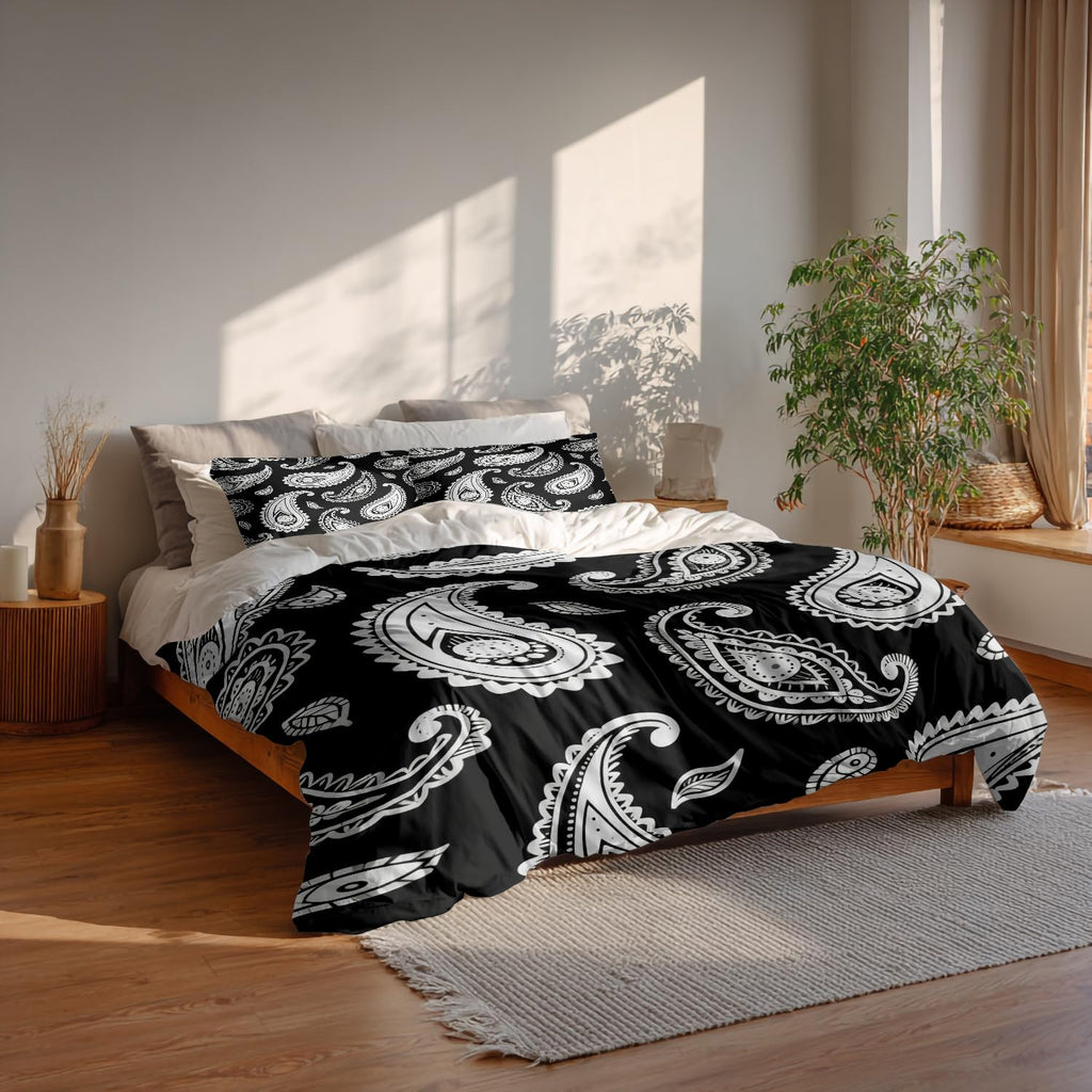 Black Paisley Floral Duvet Cover Set, 3 Pieces Bandana Silk Neck Scarf Kerchief 100% Cotton Bedding Set