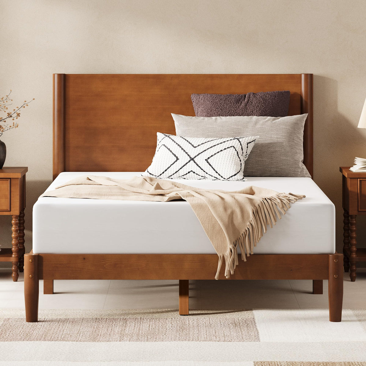 Solid Wood Full Bed Frame, Mid Century Bed with Headboard, Brown