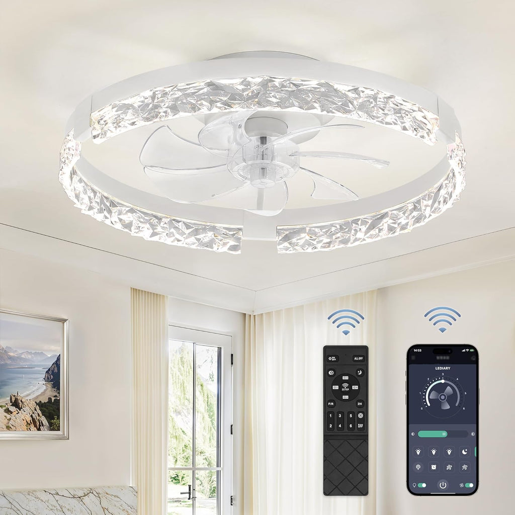 20" Flush Mount Chandelier Ceiling Fan with Light & Remote