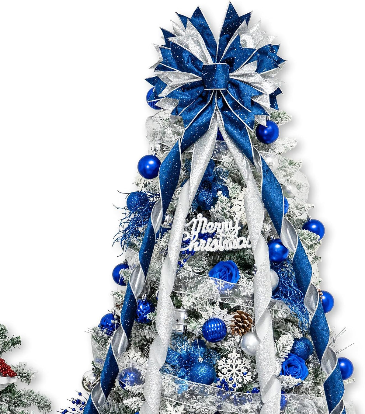 Large Christmas Tree Topper Bow,Blue & Silver 53x13 Inches