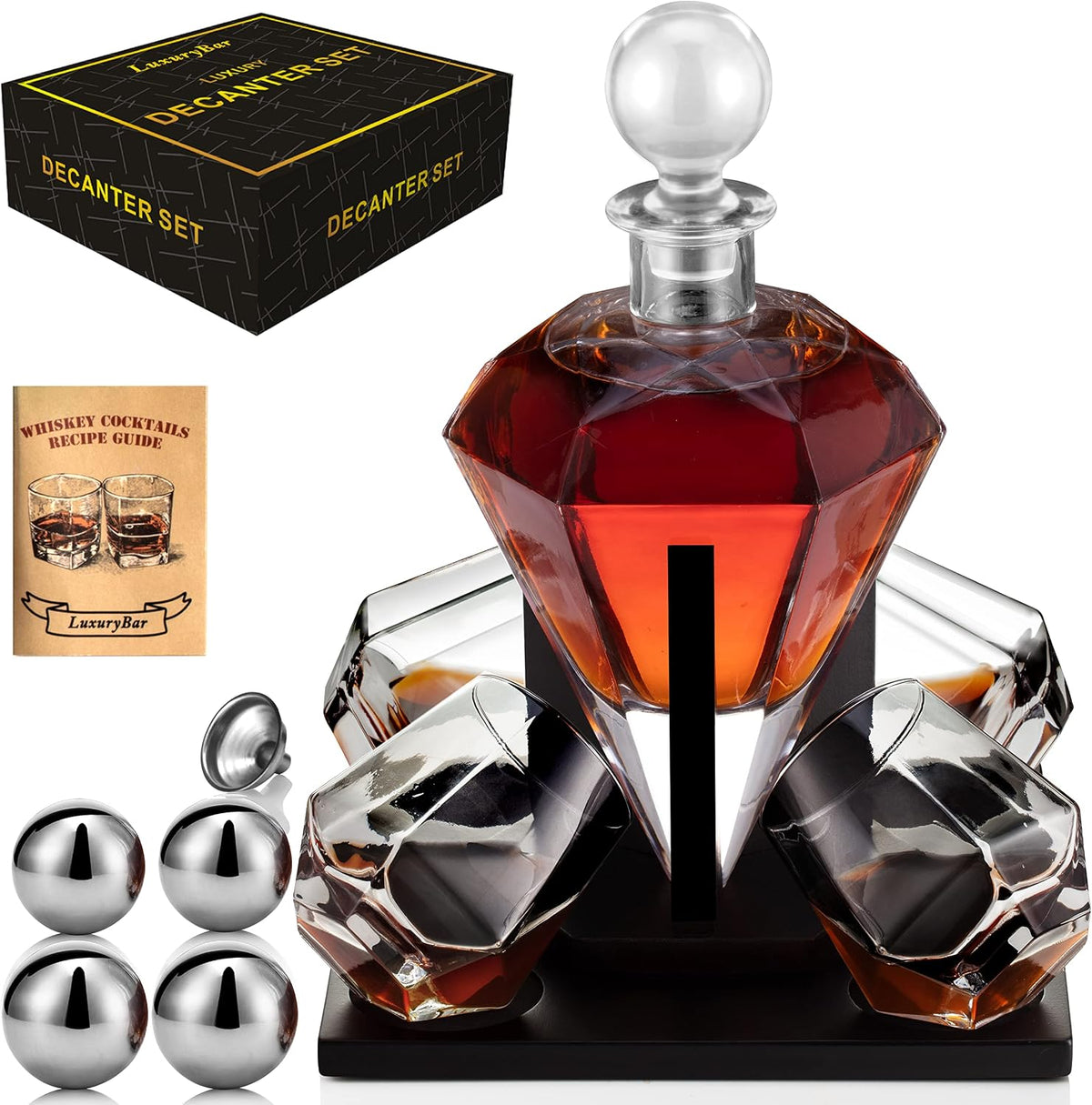 Diamond Whiskey Decanter Set 4 ChillBall Glasses&Tray Decanter Sets for Men - Set of 12