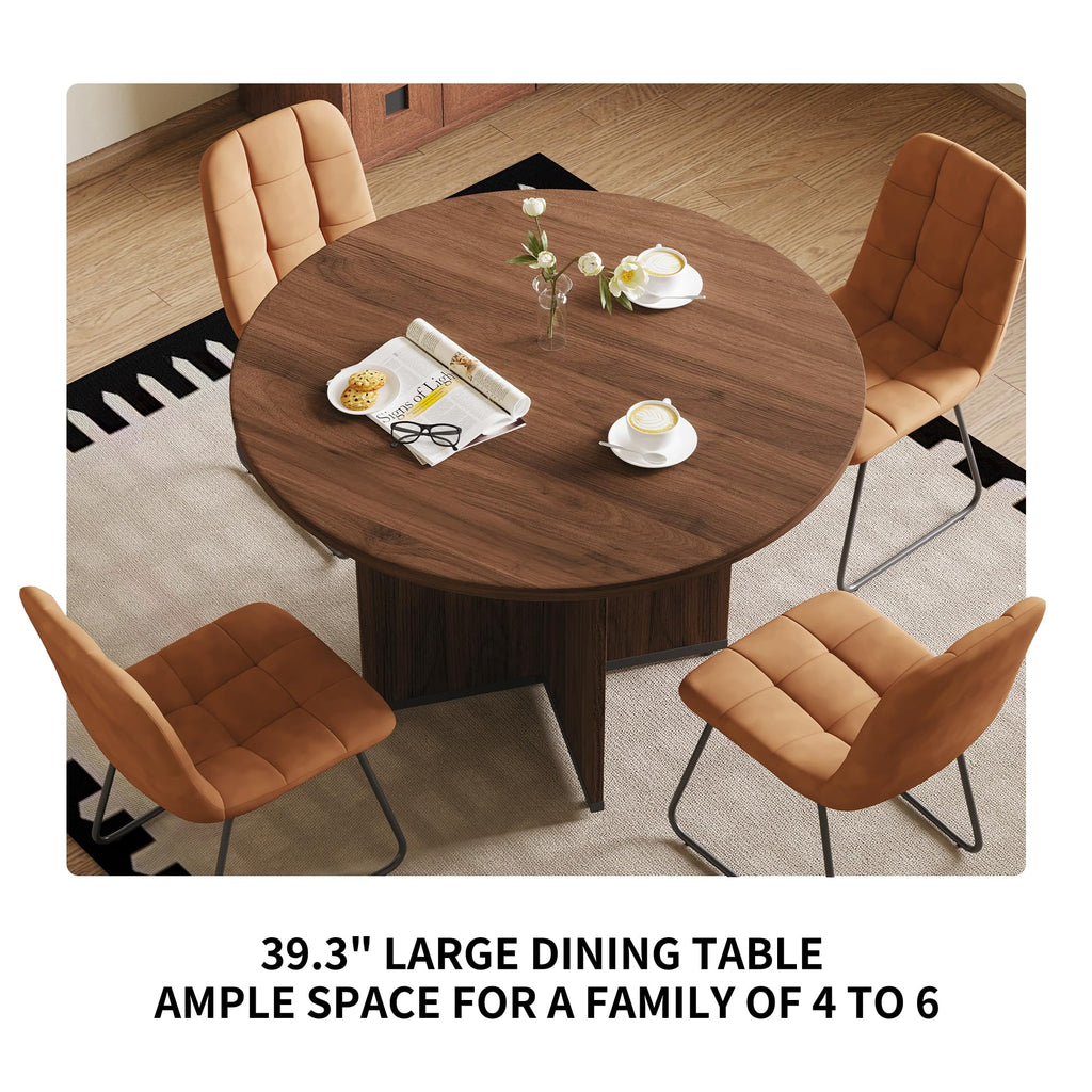 Inspired Saarinen Style Modern Round Dining Table Set for 4, 39.4" Walnut Kitchen Table with 4 PU Leather Chairs, 5-Piece Mid-Century Dining