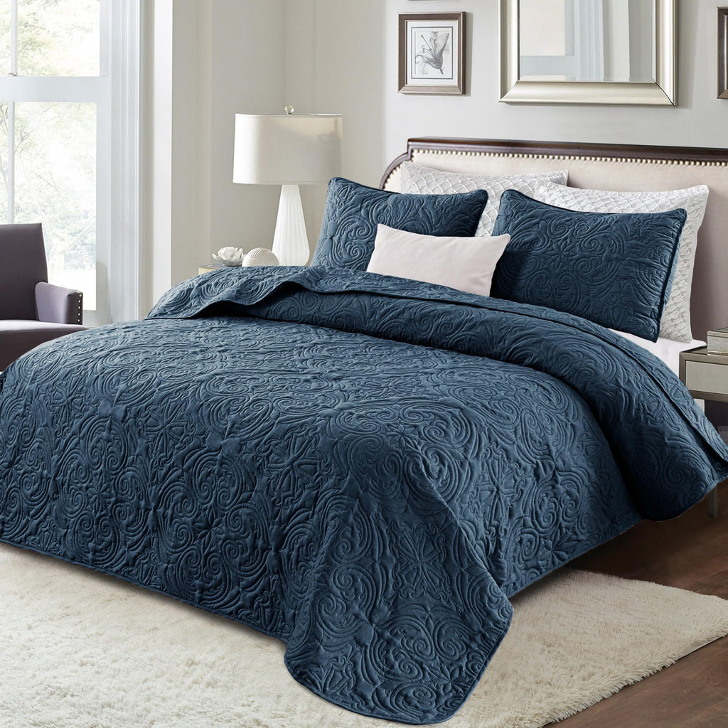 3 Piece Quilts Bedding Set, Navy Blue