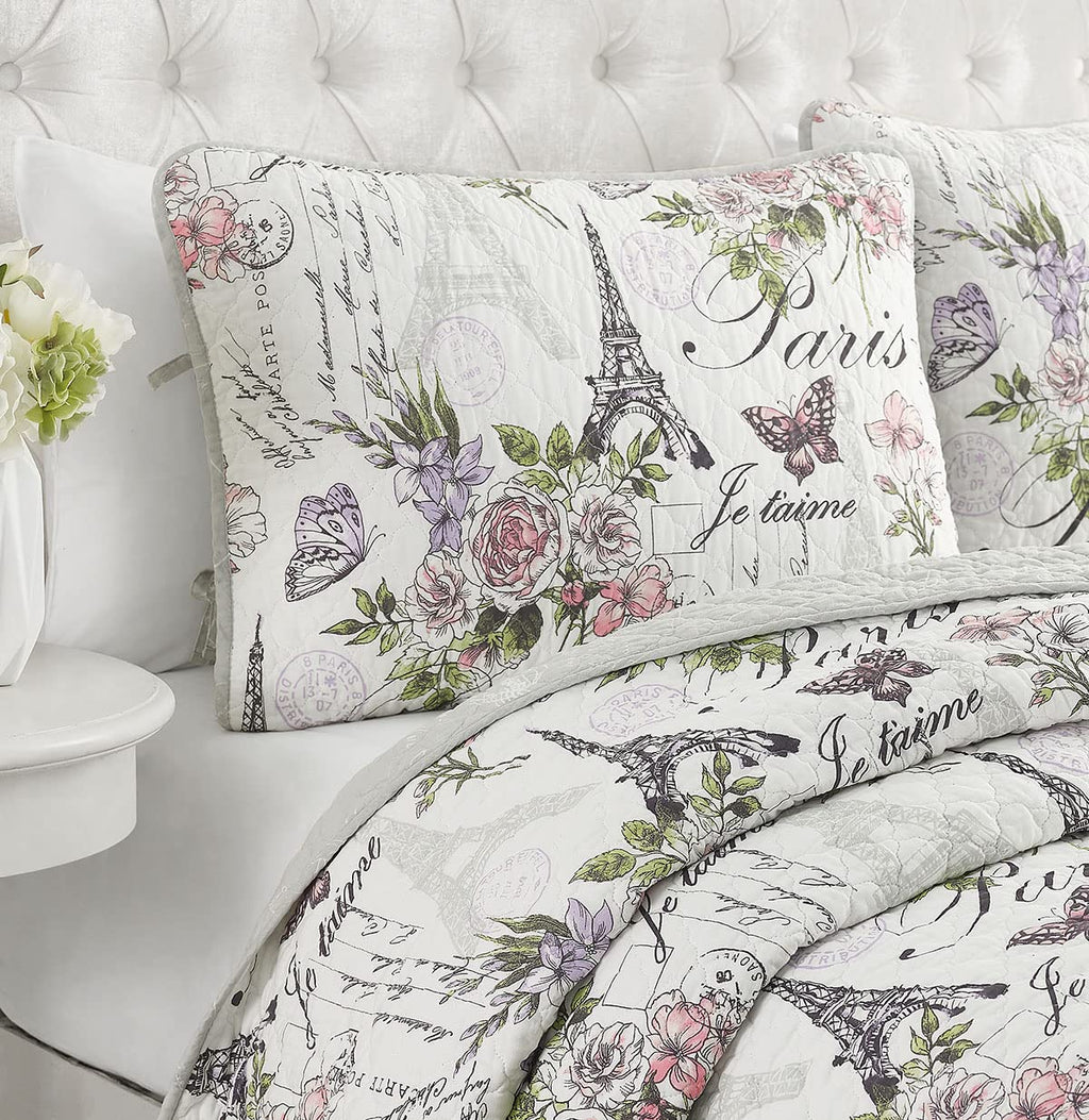 Resort Paris Floral, Pre-Washed, 3-Piece Reversible, Featuring, Eiffel Towers, Roses, Botanical Leaves, Postcards