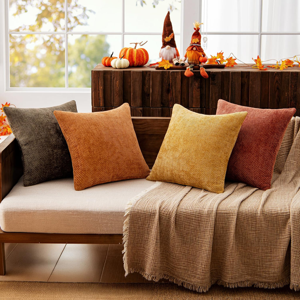 Decorative Chenille Fall Pillow Covers Orange Brown 20x20 Pack of 4