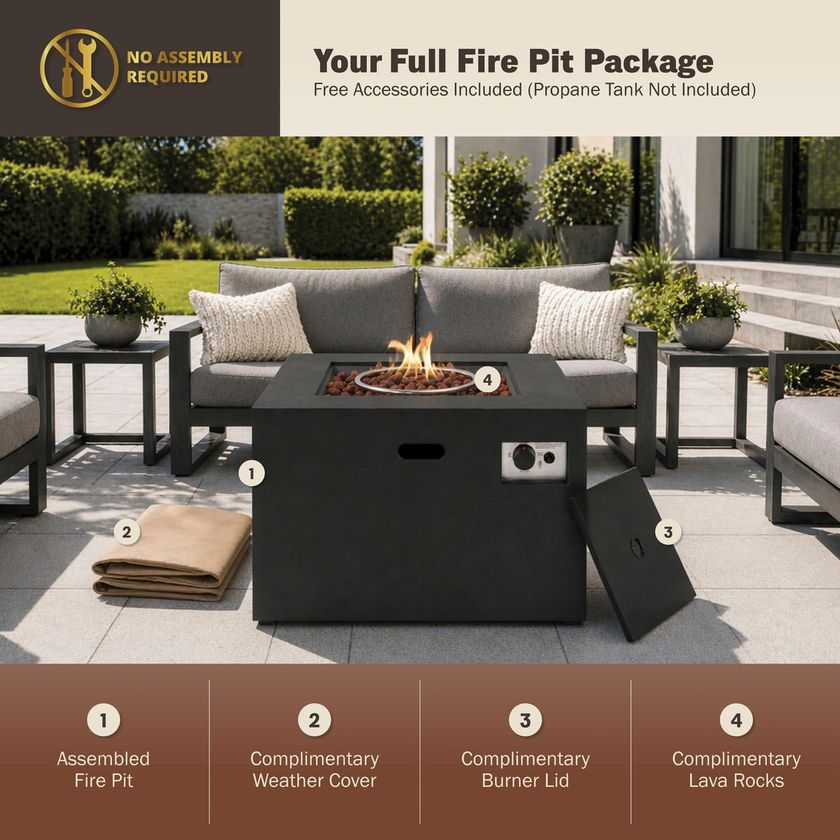 32 Inch Square Propane Fire Pit Table, Black
