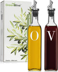 Olive Oil and Vinegar Dispenser Set - 17 oz. Glass Bottles with No-Drip BPA-Free Spouts - Stylish O and V Identifiers - Set of 2