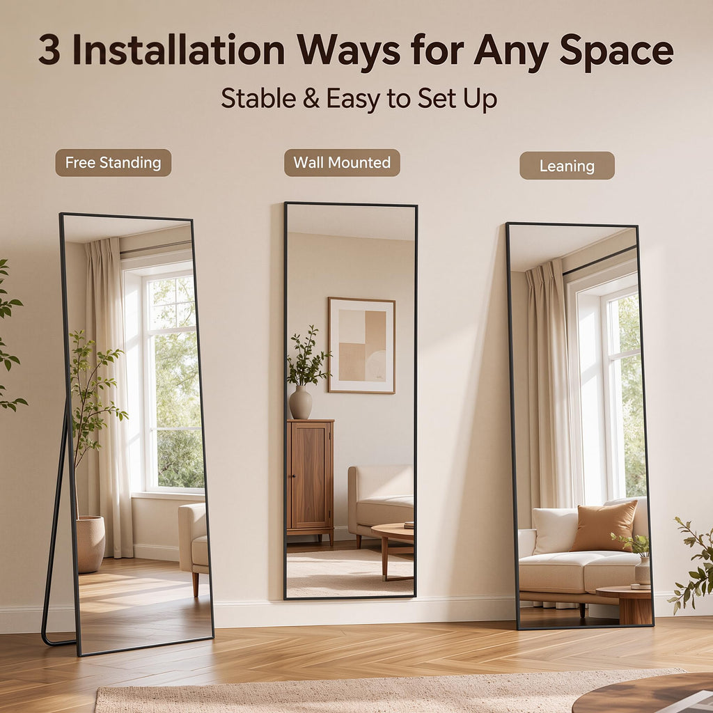 Full Length Mirror, 76"x34" Floor Mirror with Stand, Black, Rect
