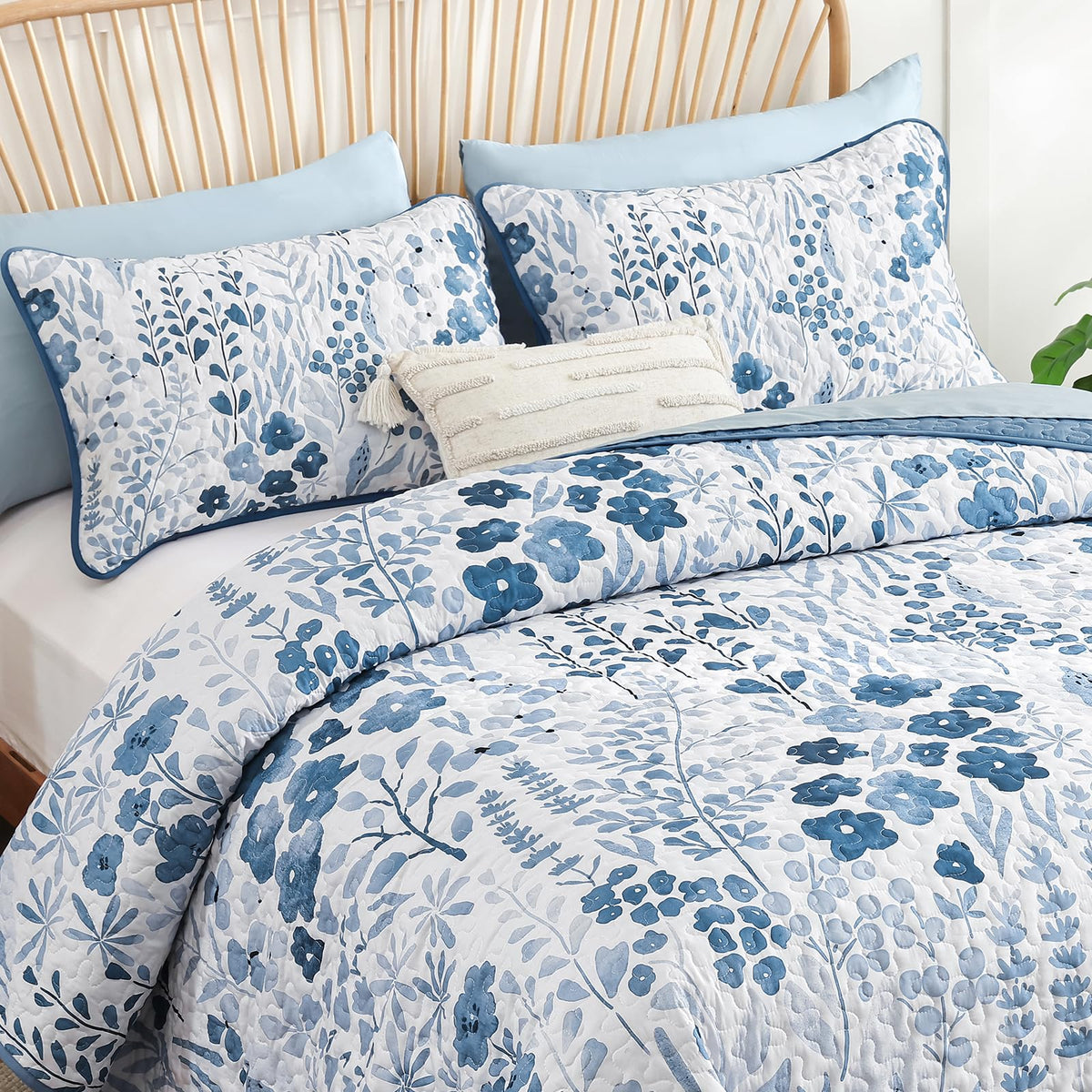 Floral Quilt Set, 3 Pcs Navy Blue Bedspread Bedding Set