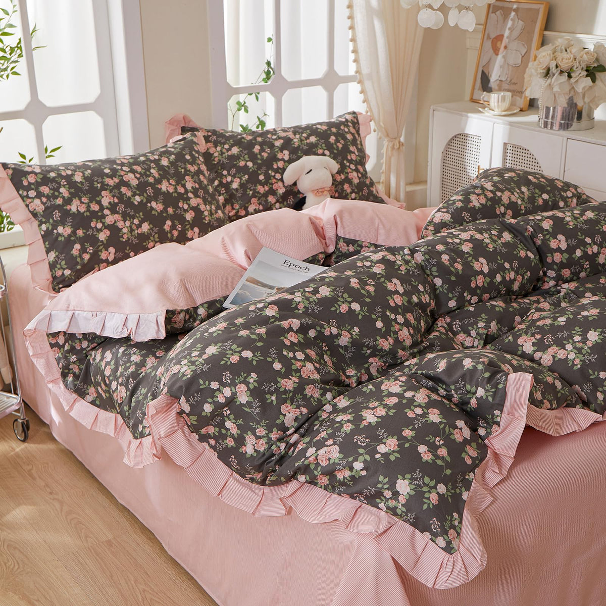Pink Floral Ruffled Duvet Cover Set, Soft 100% Cotton Striped Bedding Duvet Cover with 2 Pillowcases, Vintage