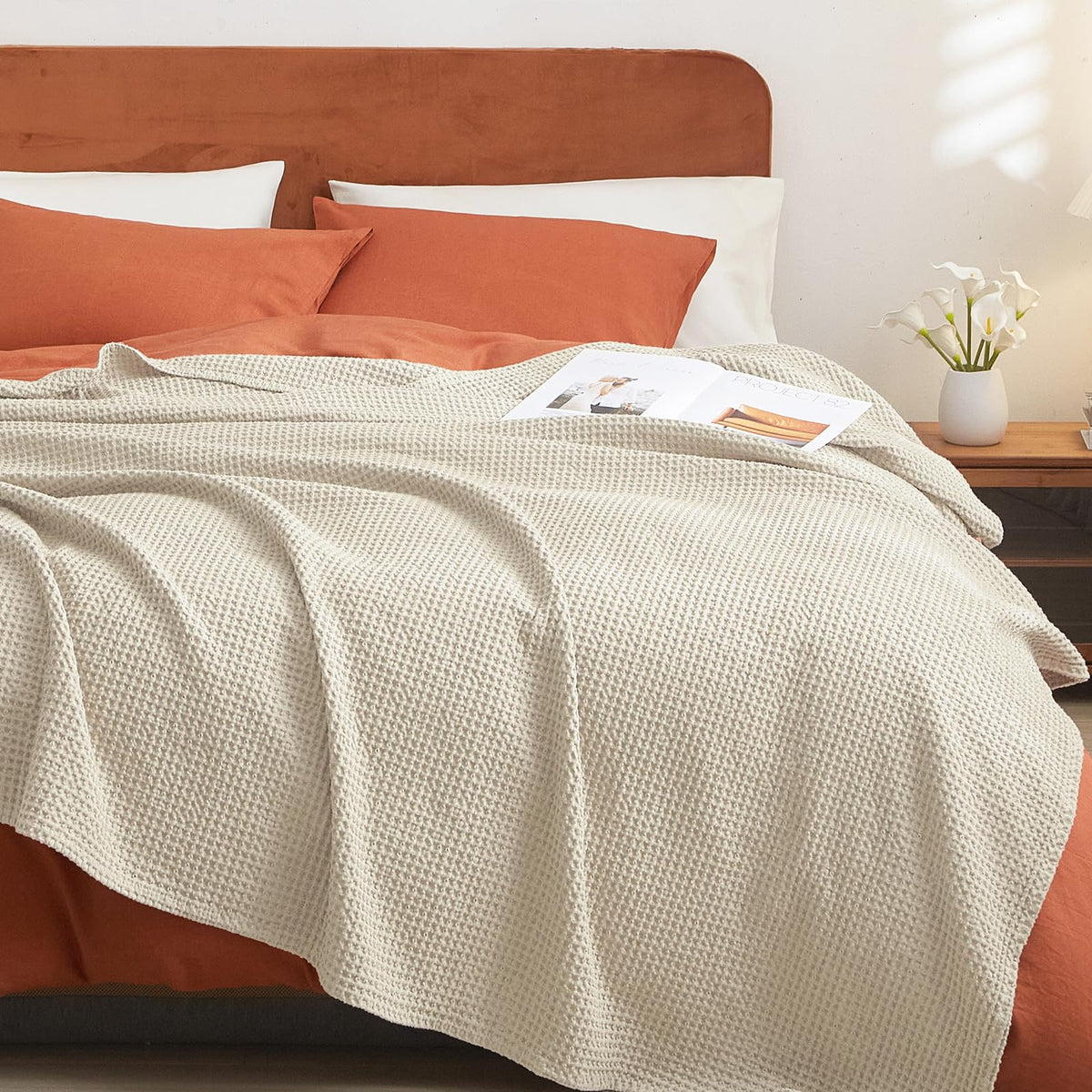 100% Cotton Waffle Blanket Lightweight Breathable, Linen/Stone