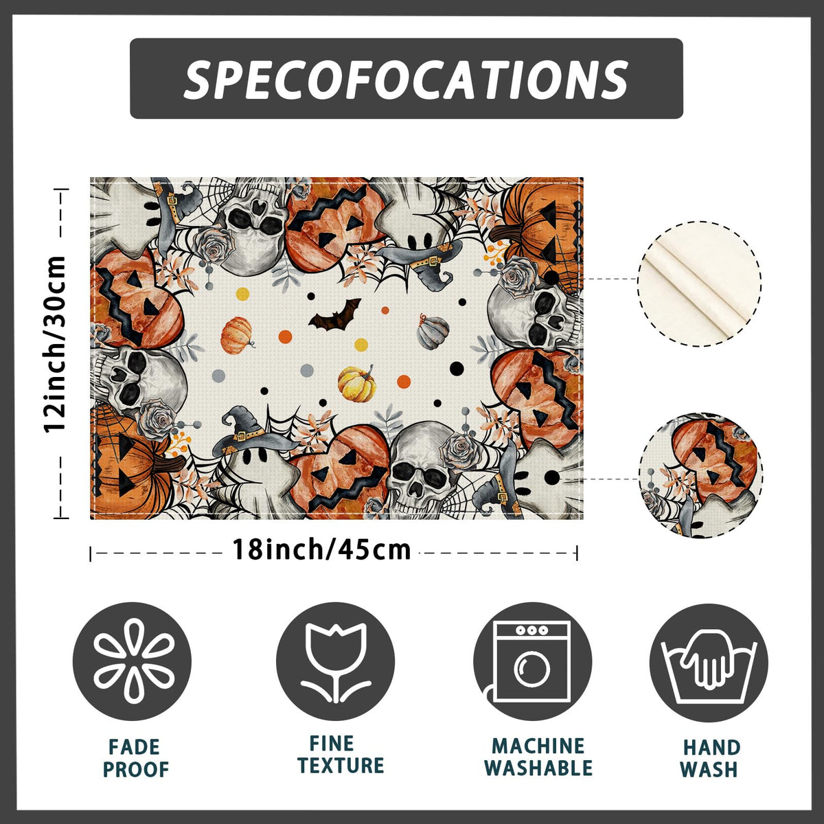 Halloween Skeleton Ghost Placemats Set of 6 Table Decor 12x18 Inch