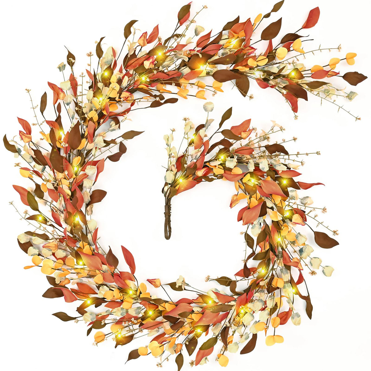 Fall Decor, 6FT Fall Garland with Lights Autumn Eucalyptus Leaves Lighted Garland Thanksgiving Harvest Festival