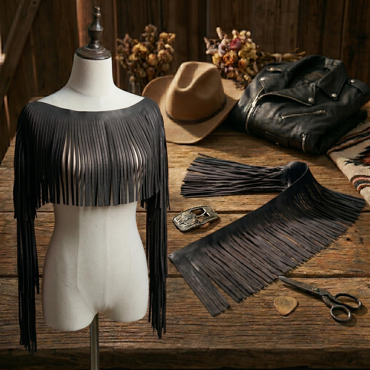 PU Leather Fringe Trim, Western Suede 8 Inch Tassel Fringe for Sewing & Crafts, Boho Cowgirl Biker-Style Trim