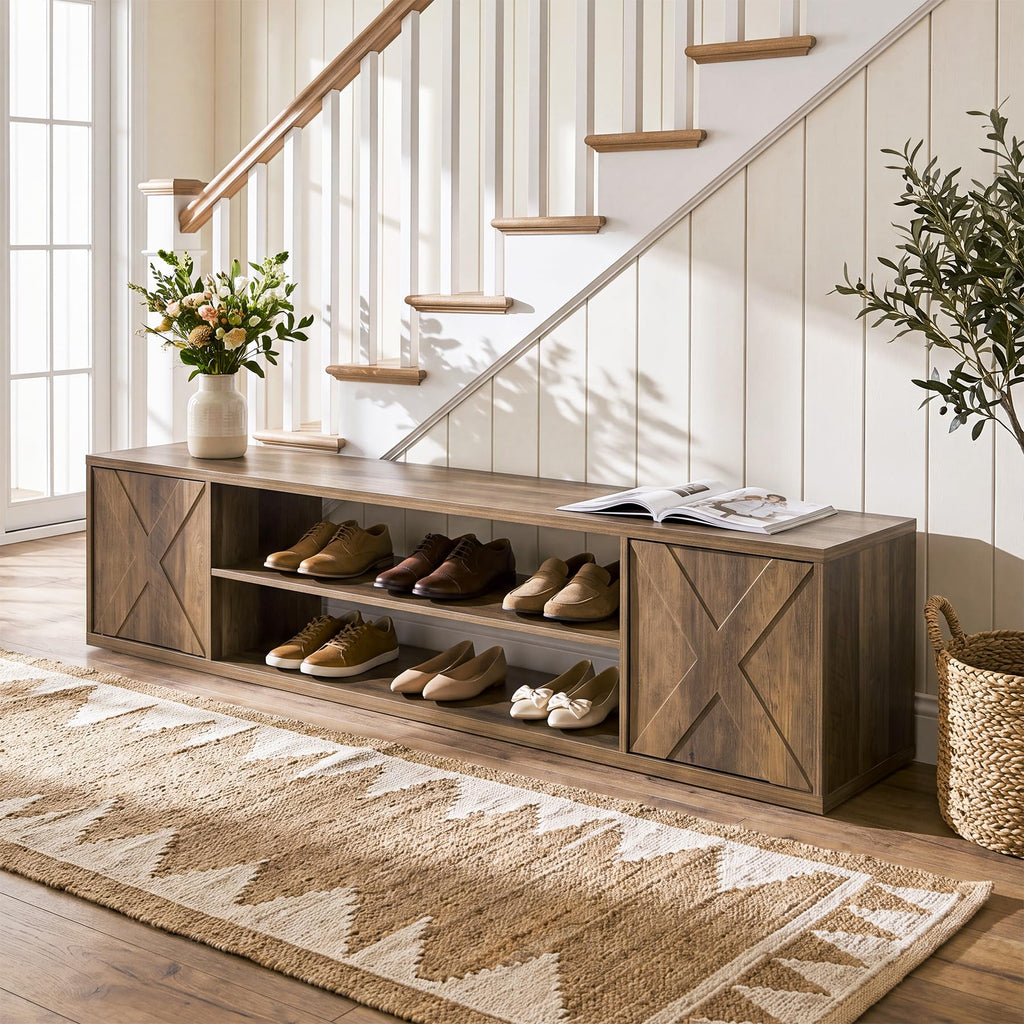 63" Shoe Storage Bench, Farmhouse Entryway Bench with Storage