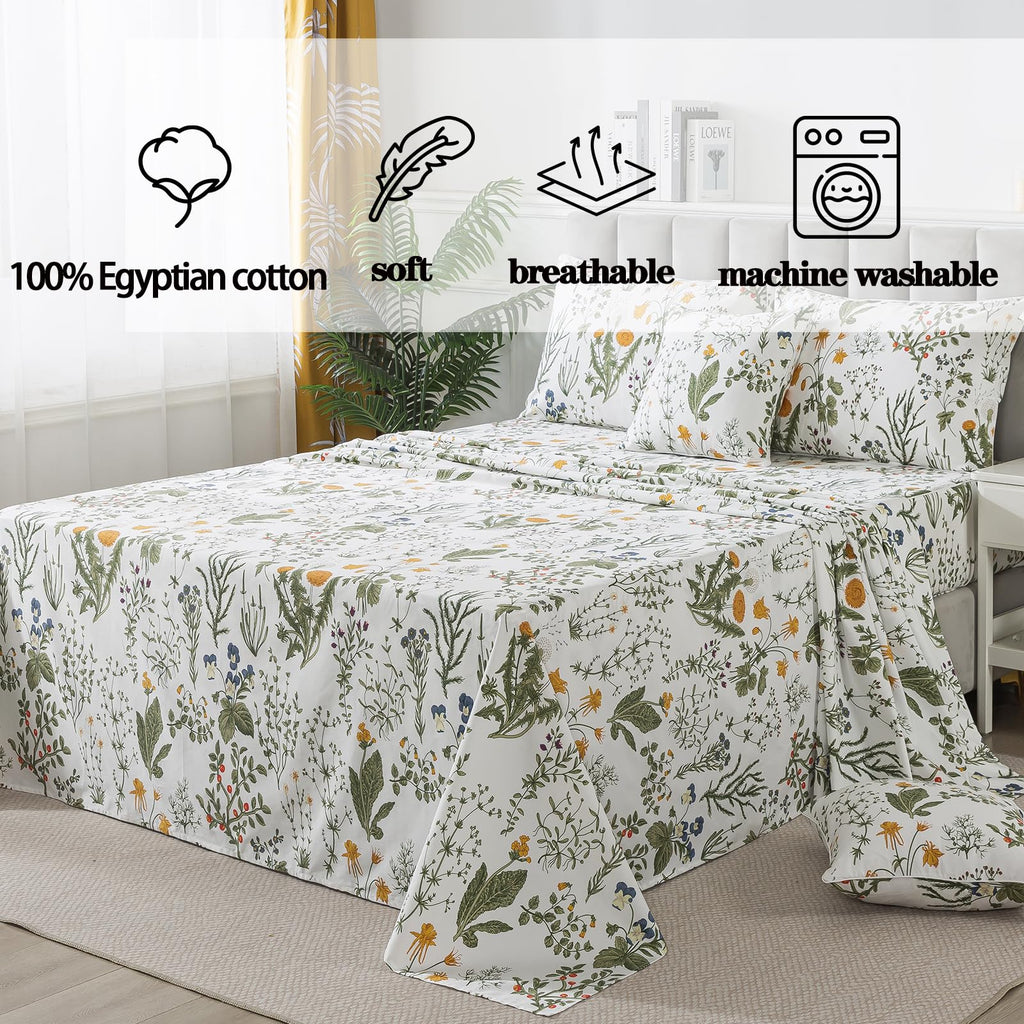 100% Egyptian Cotton Sheets Queen Botanical Printed Floral Sheets Yellow Flowers & Leaves Pattern Farmhouse Bedding