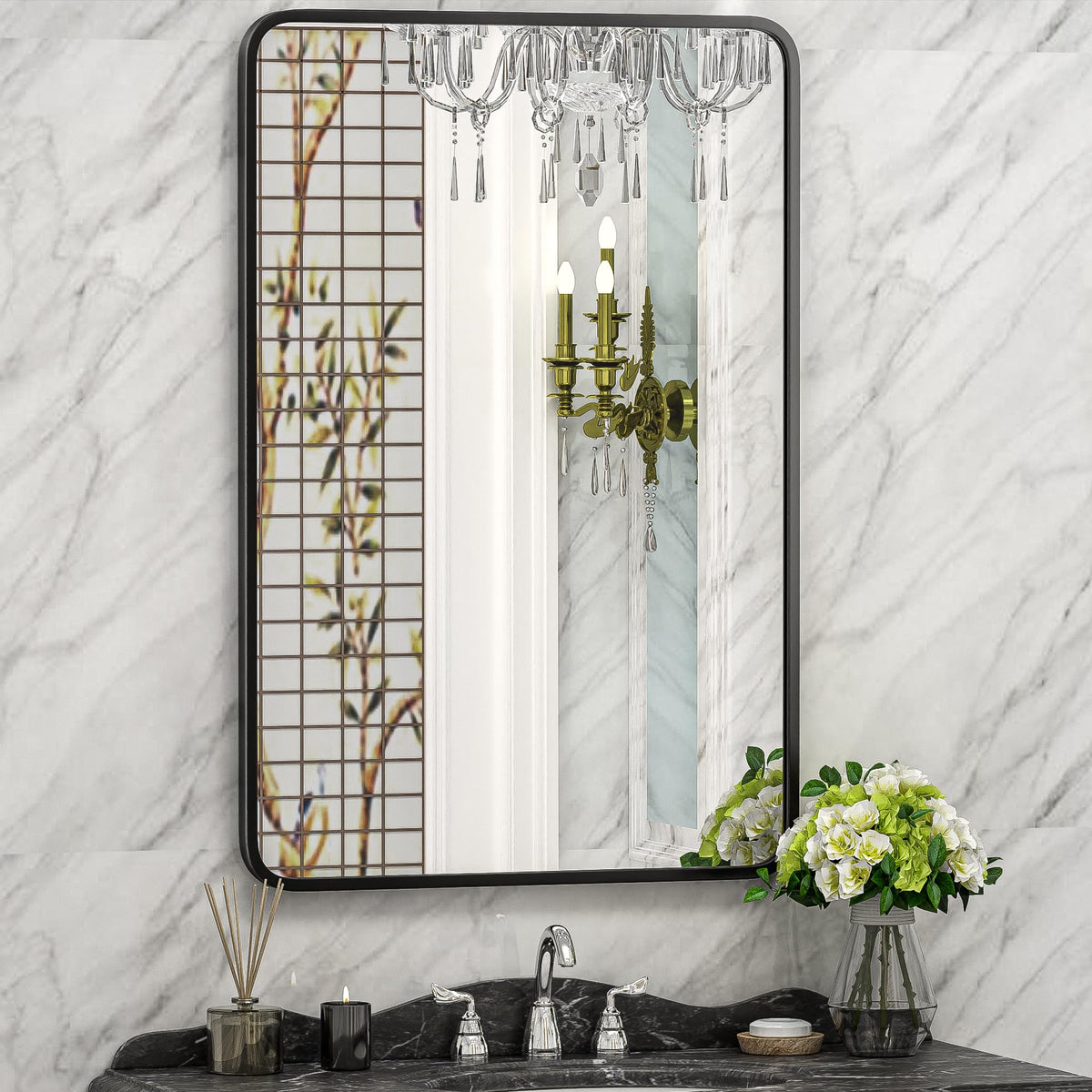 Black Metal Framed Rectangular Wall Mirror 24" x 36" Bathroom Mirror with Peaked Trim s, Living Rooms, Bathrooms