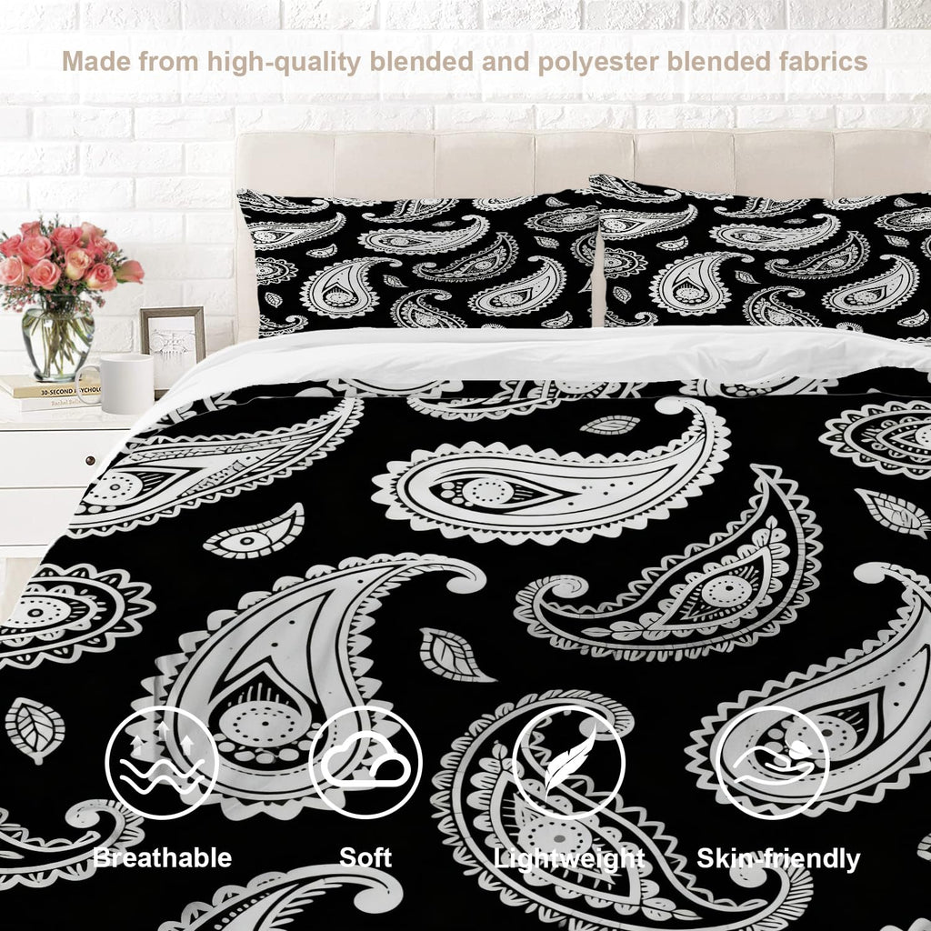 Black Paisley Floral Duvet Cover Set, 3 Pieces Bandana Silk Neck Scarf Kerchief 100% Cotton Bedding Set