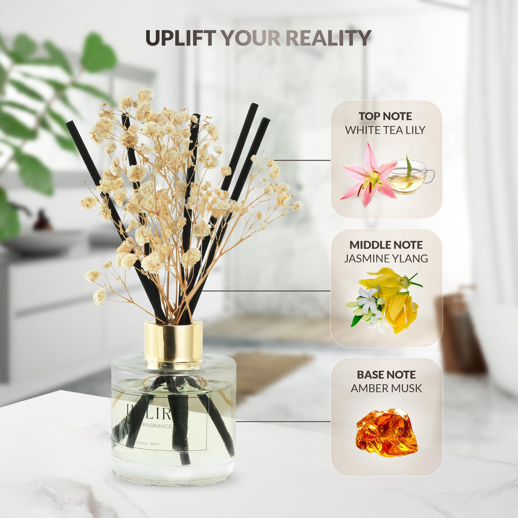 Flower Reed Diffusers with 1 Jasmine & White Tea Double Essential Oil, 3.4 oz (100ml) - Elegant Reed Diffuser Set