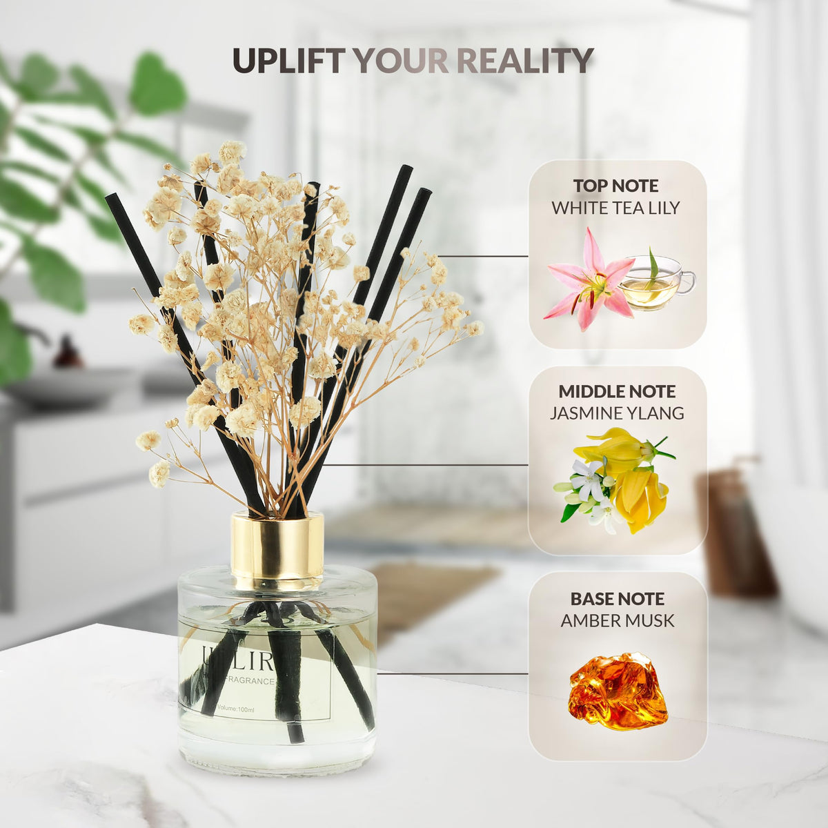Flower Reed Diffusers with 1 Jasmine & White Tea Double Essential Oil, 3.4 oz (100ml) - Elegant Reed Diffuser Set
