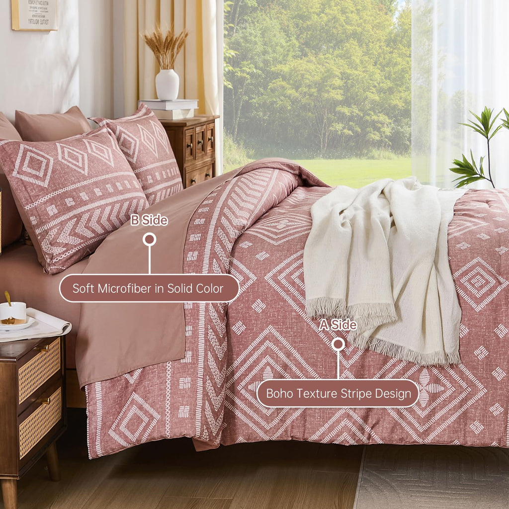 Boho Comforter Set King Size, 7 Pieces Aztec Blush Bed in a Bag