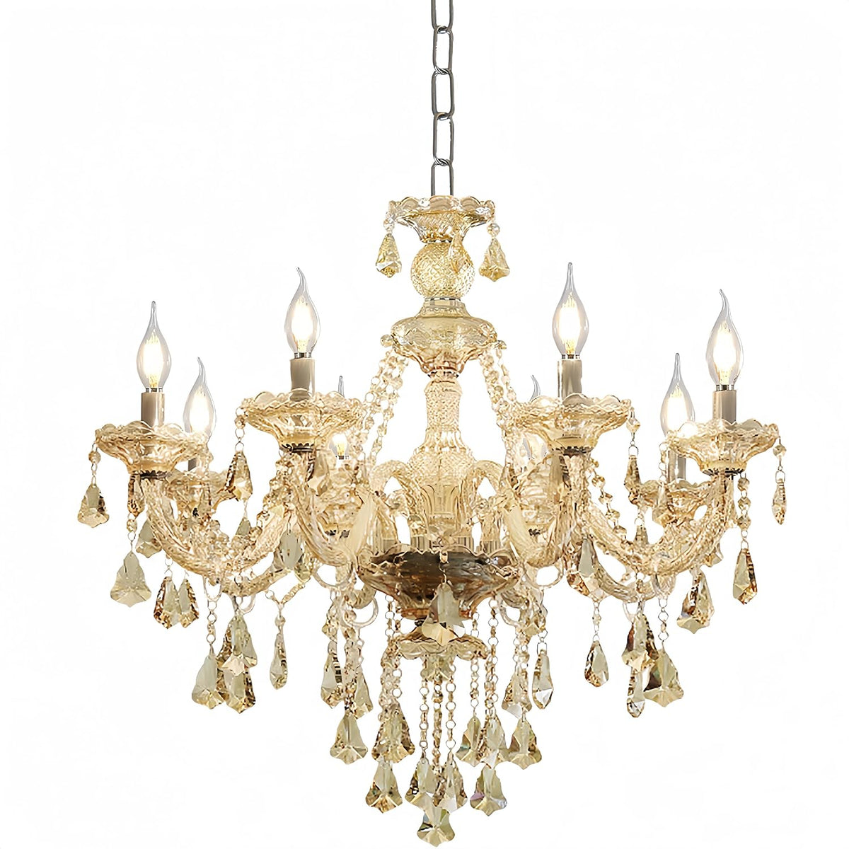 Eight-Light Modern Cognac K9 Crystal Chandelier with Faceted Drops