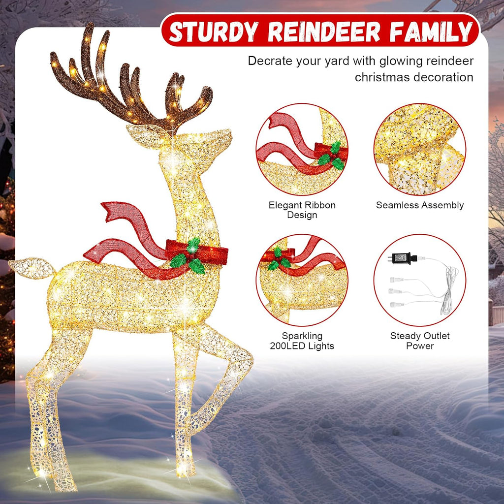 62" Reindeer Christmas Decor Outdoor, 3-Piece Lighted Reindeer Family-Gold