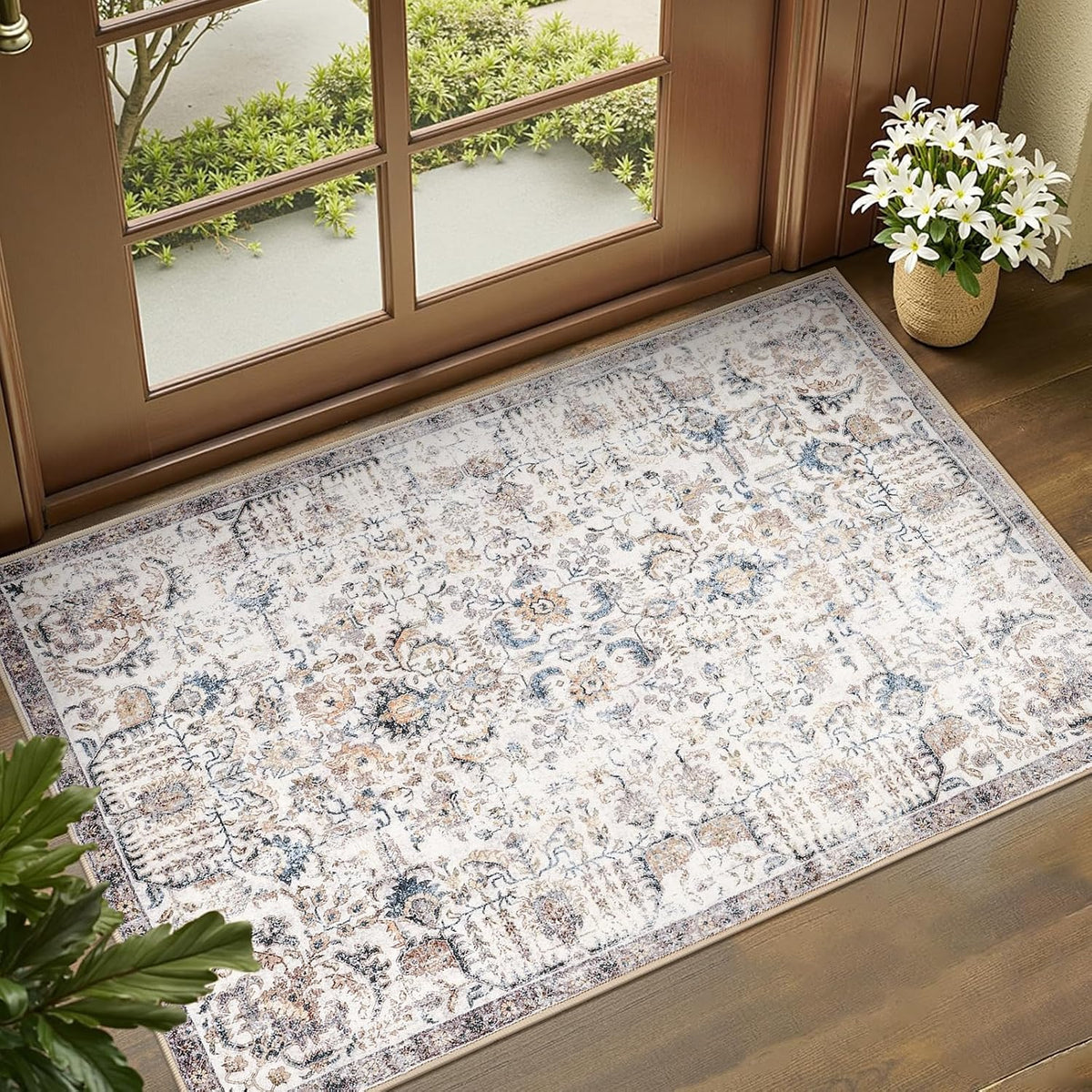 Distressed Vintage Medallion Area Rug, Blue, Washable Non Slip
