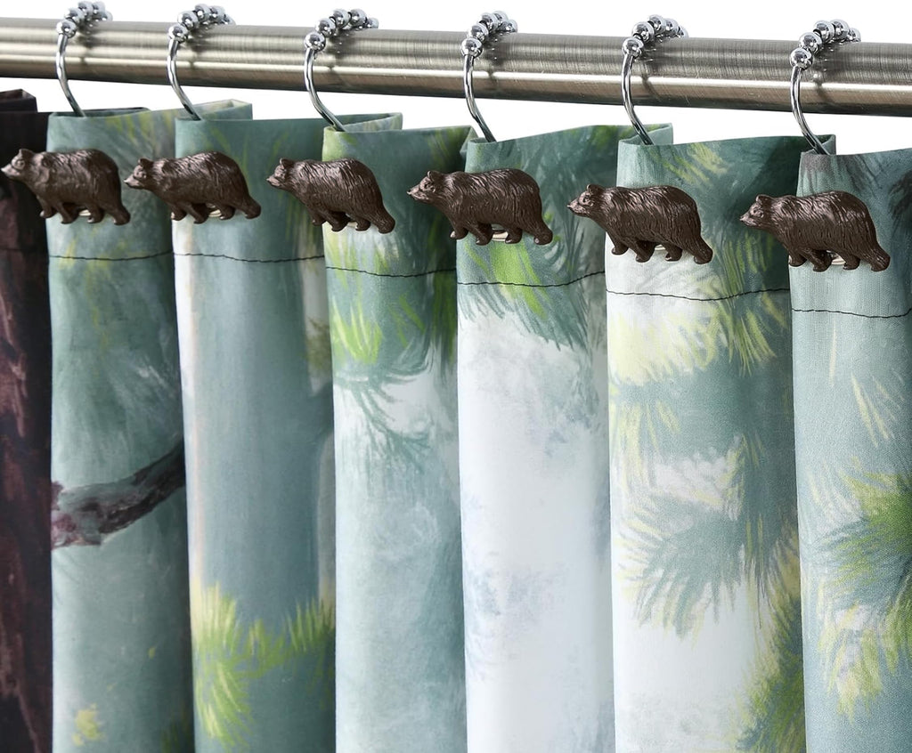 Rustic Cabin Farmhouse Brown Bear Shower Curtain Hooks Rustproof, Set of 12