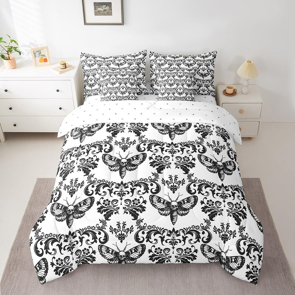 Gothic Bed in A Bag 7 Piece Black White Moth Goth Queen Comforter Set with Sheets Vintage Damask Boho Bedding Sets