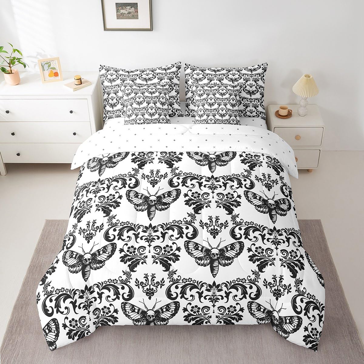 Gothic Bed in A Bag 7 Piece Black White Moth Goth Queen Comforter Set with Sheets Vintage Damask Boho Bedding Sets