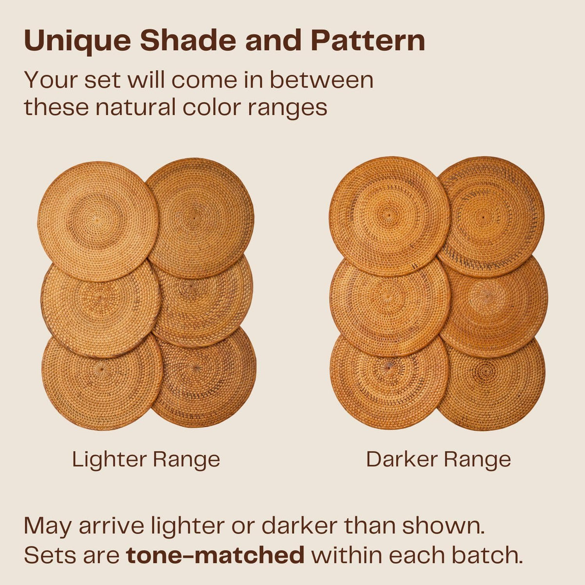6-Pack Rattan Placemats - 13-inch Round Placemats (Smoky Brown) - Smoked-Cured Woven Place Mats, Round Table Mats