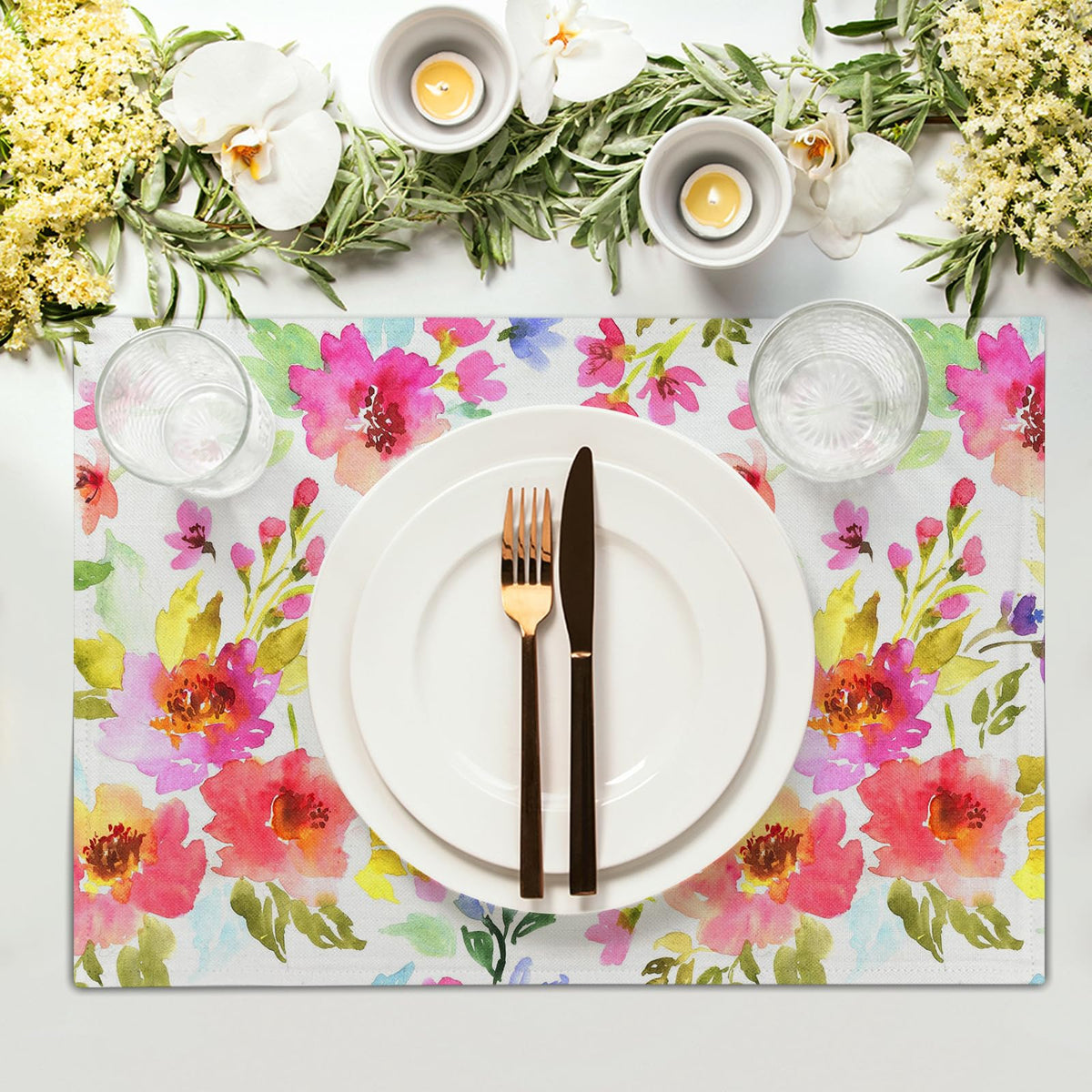 Spring Summer Floral Placemats Set of 6 18x12 Inch Watercolor Flowers Colorful Linen Place Mat Heat-Resistant