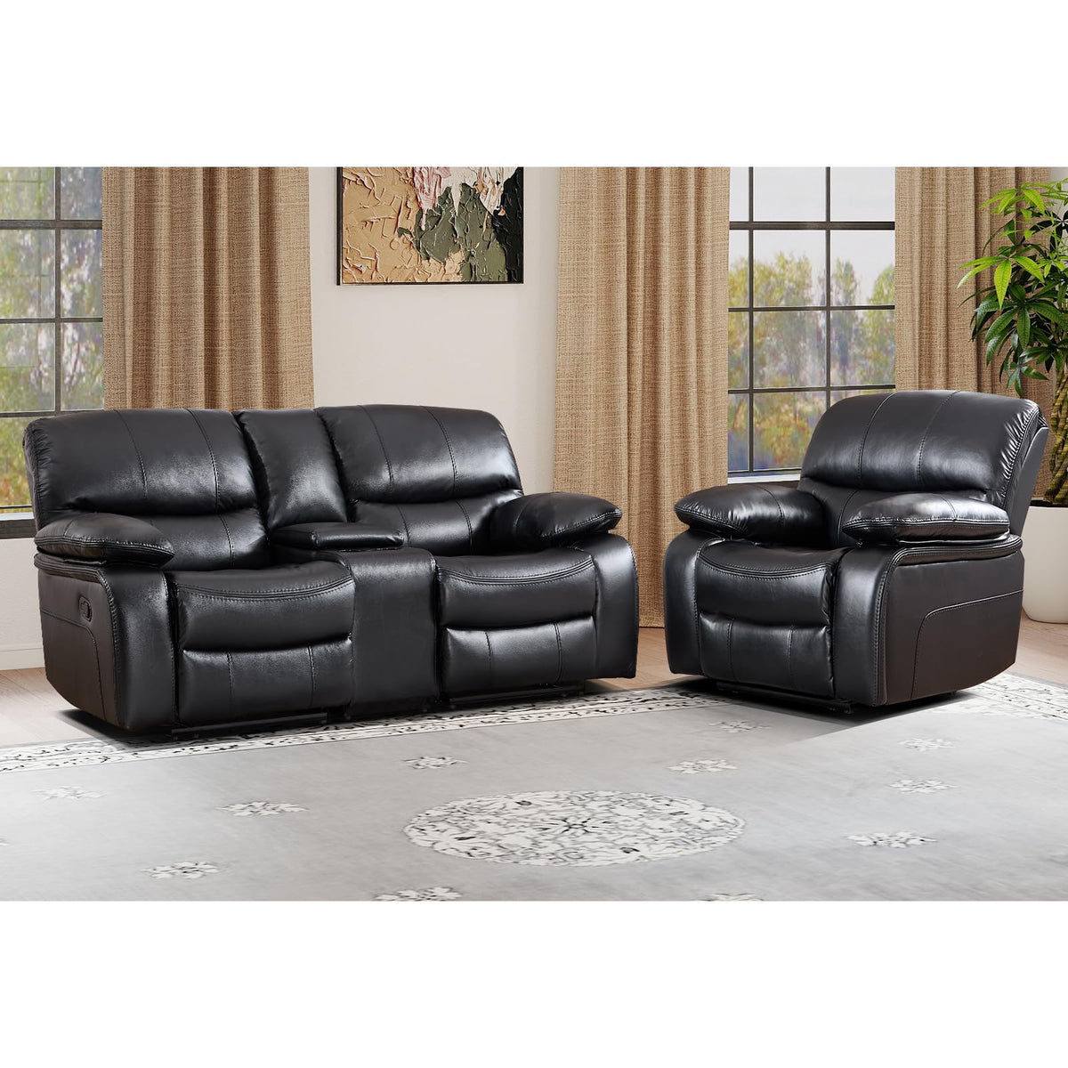 Faux Leather Manual Recliner Sofa Set, Americana Minimalist 1-Seat Chair and 2-Seat Loveseat with Center Console