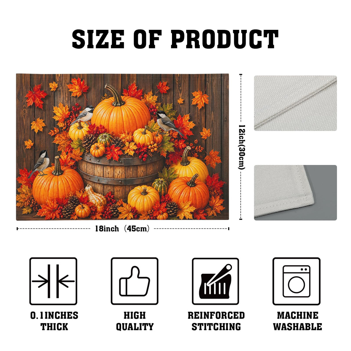 Autumn Placemats Set of 4 12x18 Inch Fall Maple Leaf Pumpkins Birds Decorative Linen Table Mat Rustic Wood Board