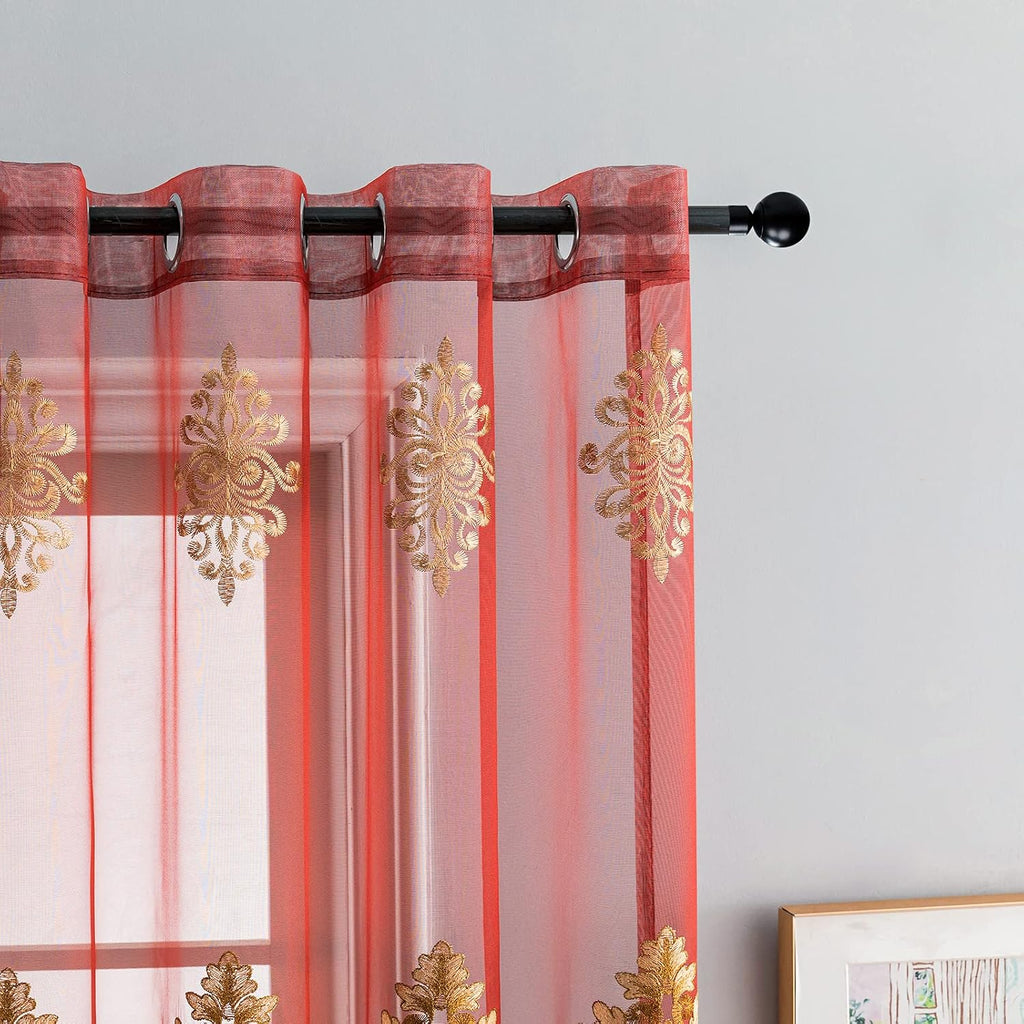 Luxury Embroidered Sheer Curtains (Set of 2 Panels) for Living Room Burgundy Red Tulle Curtains for Bedroom Transparent Yarn Curtain