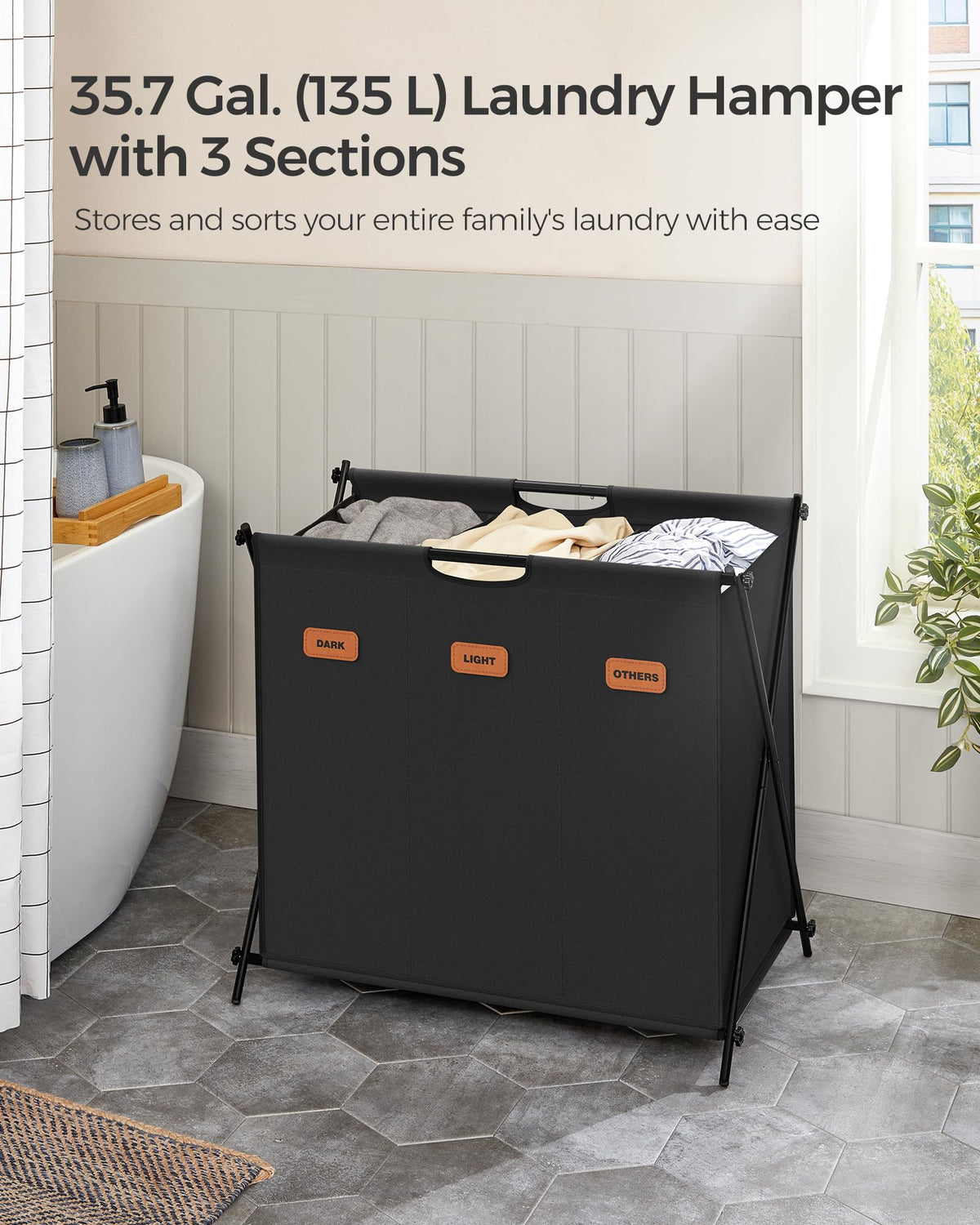 Laundry Hamper, 35.6 Gal. 3 Sections, Collapsible X-Frame
