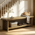 63" Entry Way Bench, Long Wood Entryway Benches Bedroom, Farmhouse Indoor Shoe Storage Bench Seat, Rustic Brown