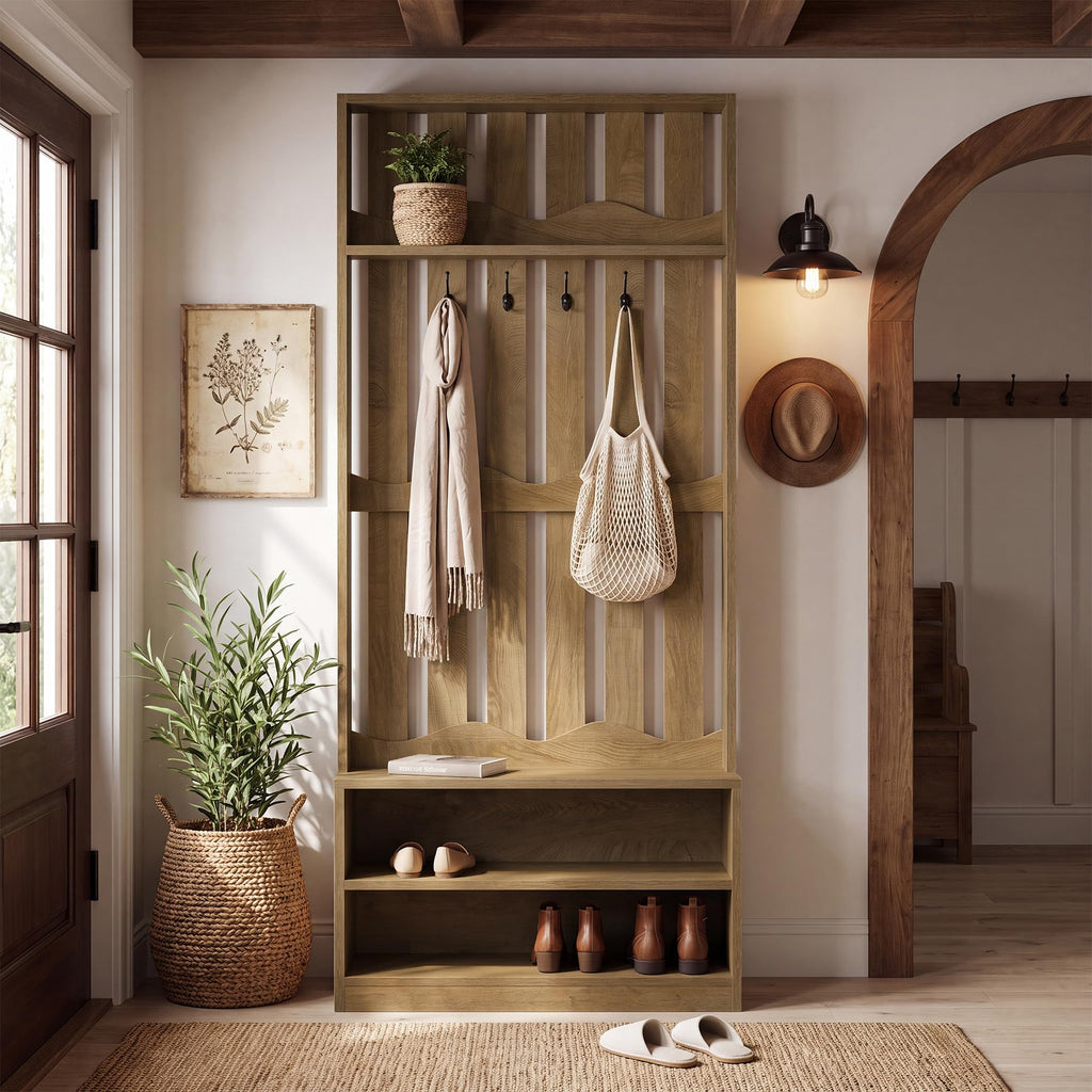 Farmhouse Hall Tree with Bench and Shoe Storage, Rustic Brown