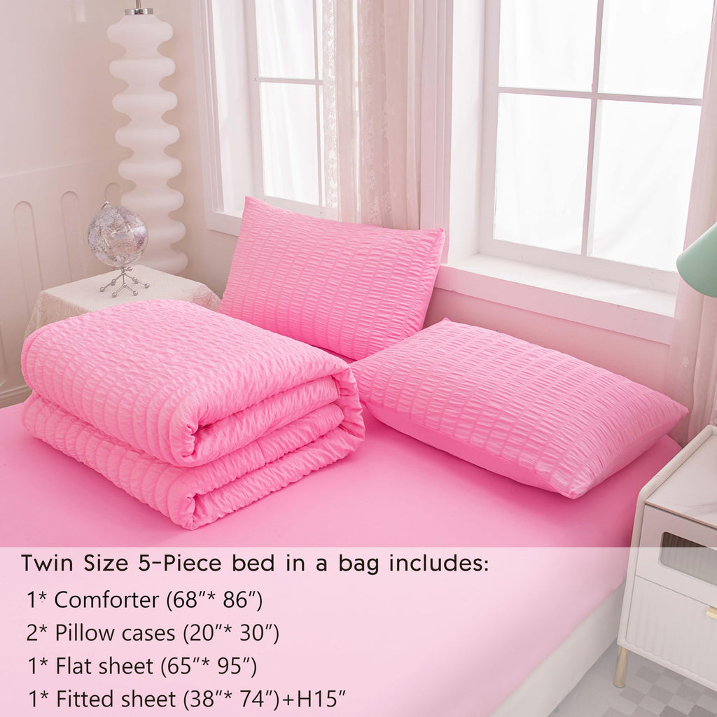 Bed in a Bag Pink Seersucker Comforter Set 5-Pieces Microfiber Lightweight Comforter All Season Bedding Sets