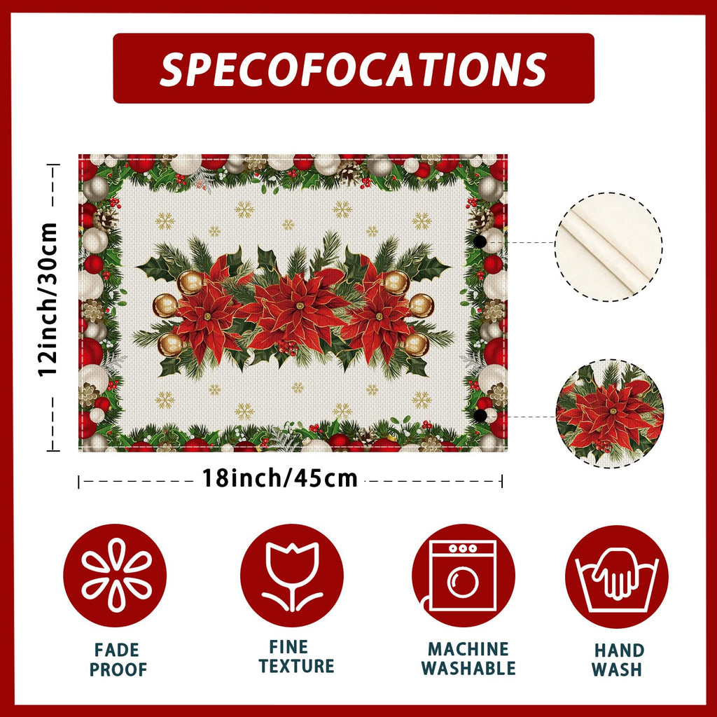 Christmas Poinsettias Leaves Bells Snowflakes Winter Xmas Placemats Set of 6 Table Mats for Party Home Kitchen Dining