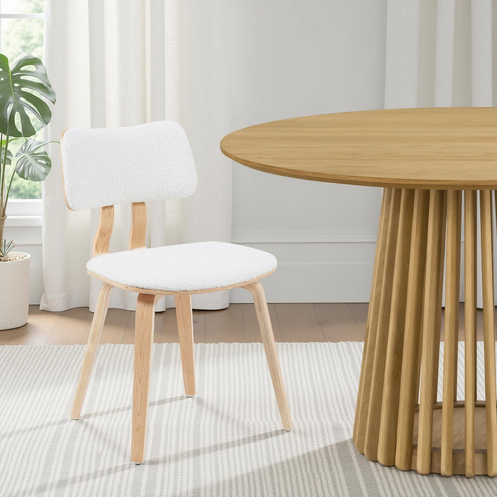 Jaguar Mid-Century Upholstered Dining Chair in White Boucle and Patterned Oak Finish