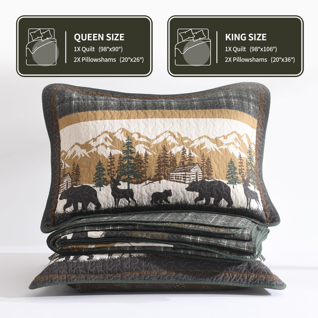 100% Cotton Quilt Set, Rustic Cabin Plaid Bear, Green/Brown