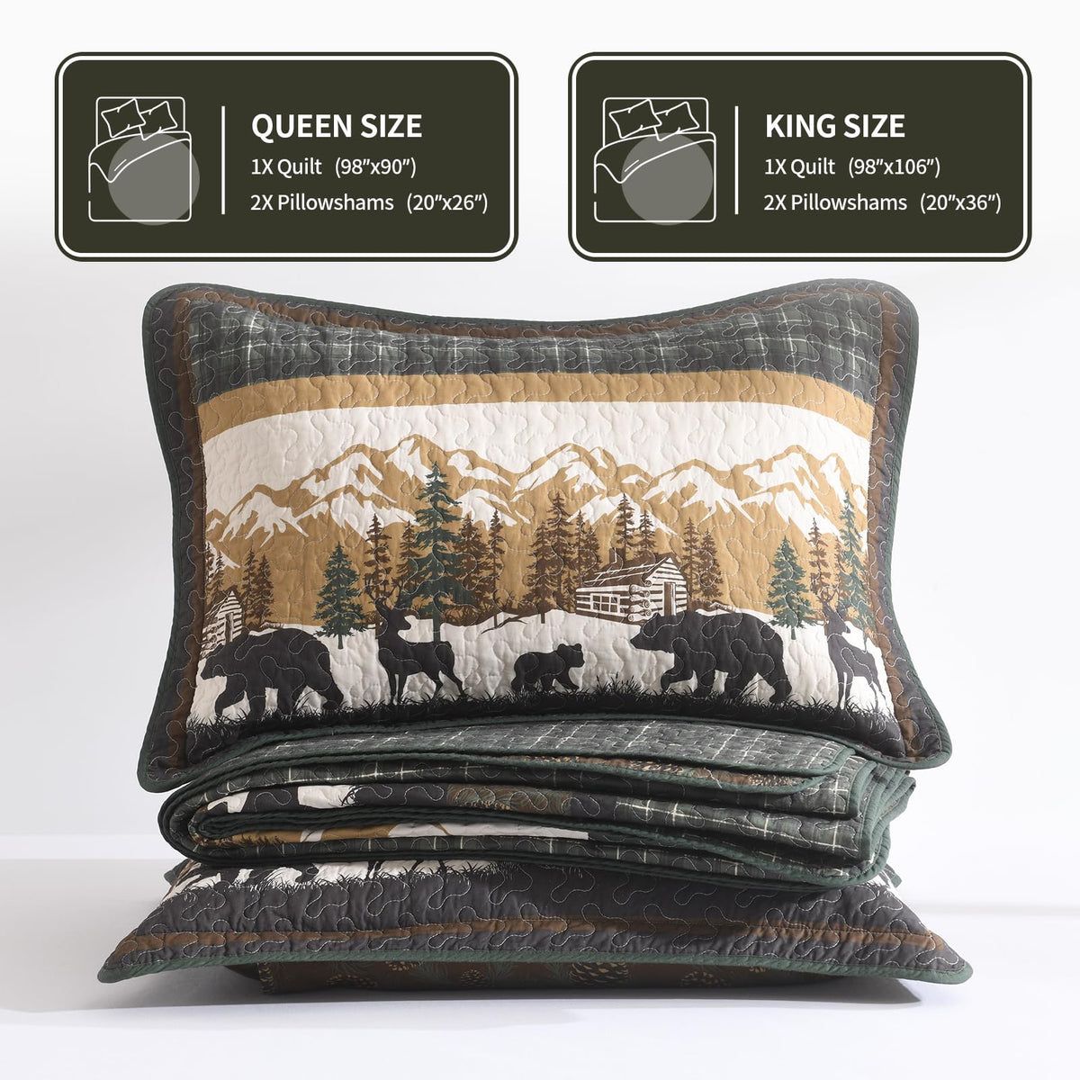 100% Cotton Quilt Set, Rustic Cabin Plaid Bear, Green/Brown