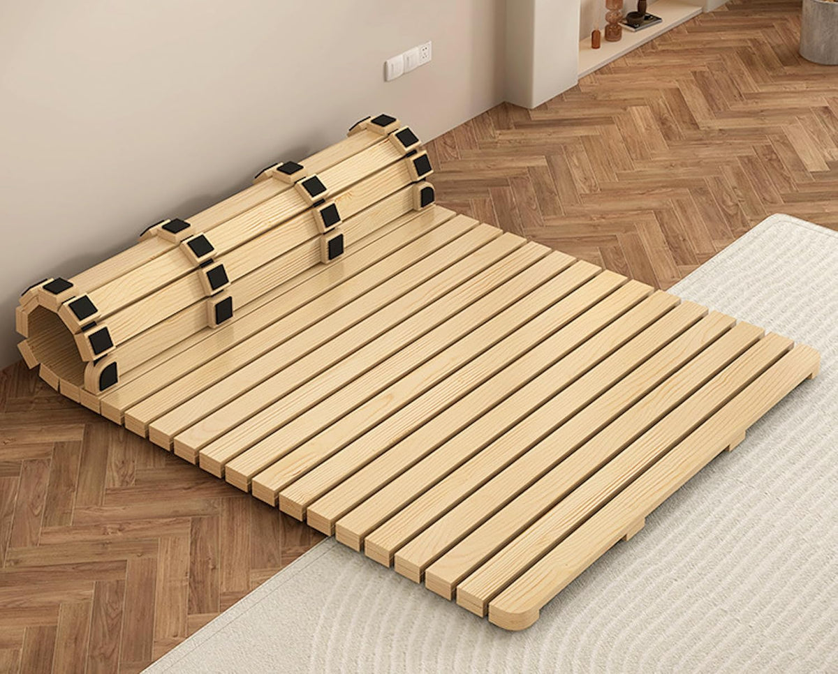 Solid Wood Slatted Bed Frame, Japanese Floor Platform, Natural Wood, 78.7 x 78.7 Inch, Foldable Roll-Up Design