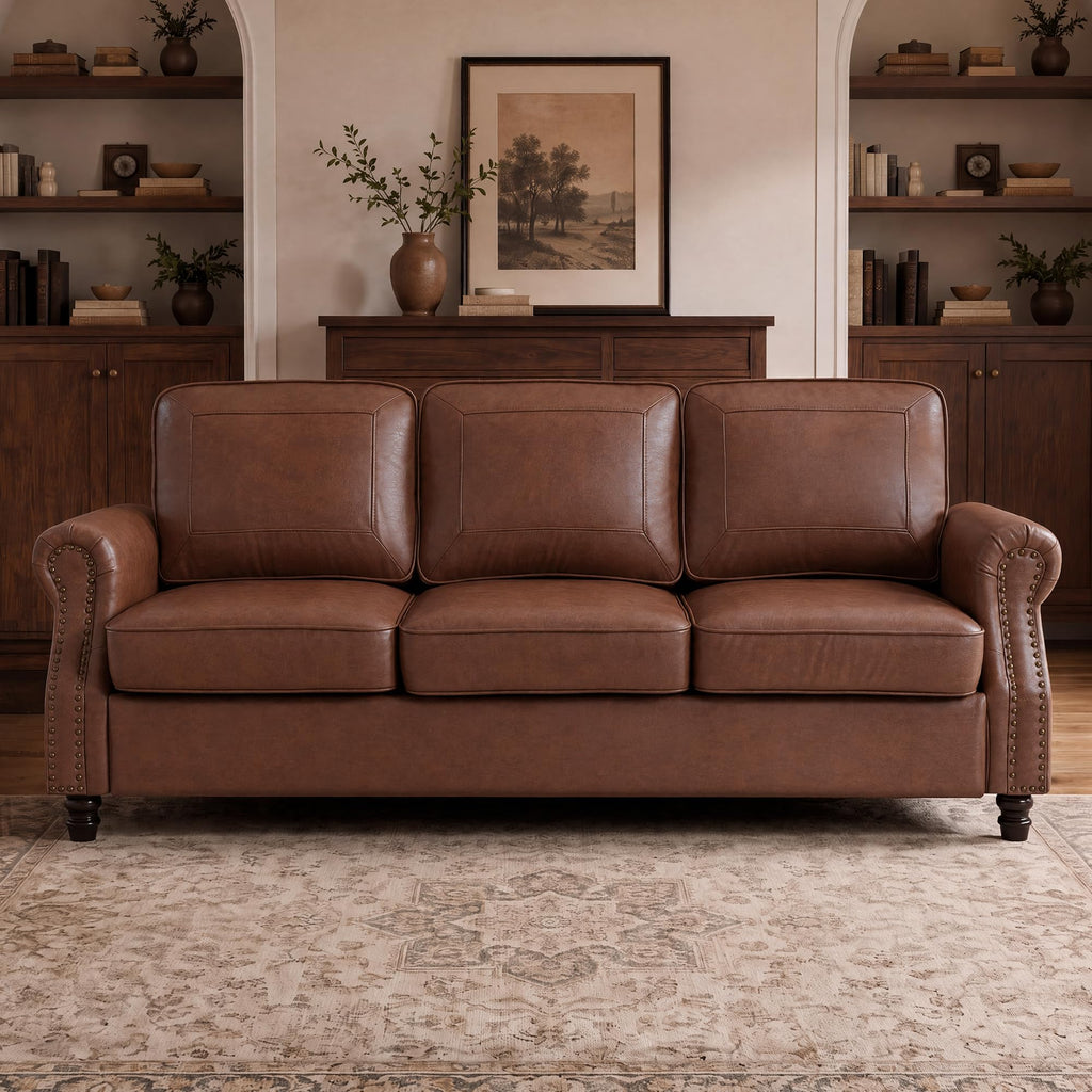 Faux Leather 3 Seater Sofa with Rolled Arms, Rust