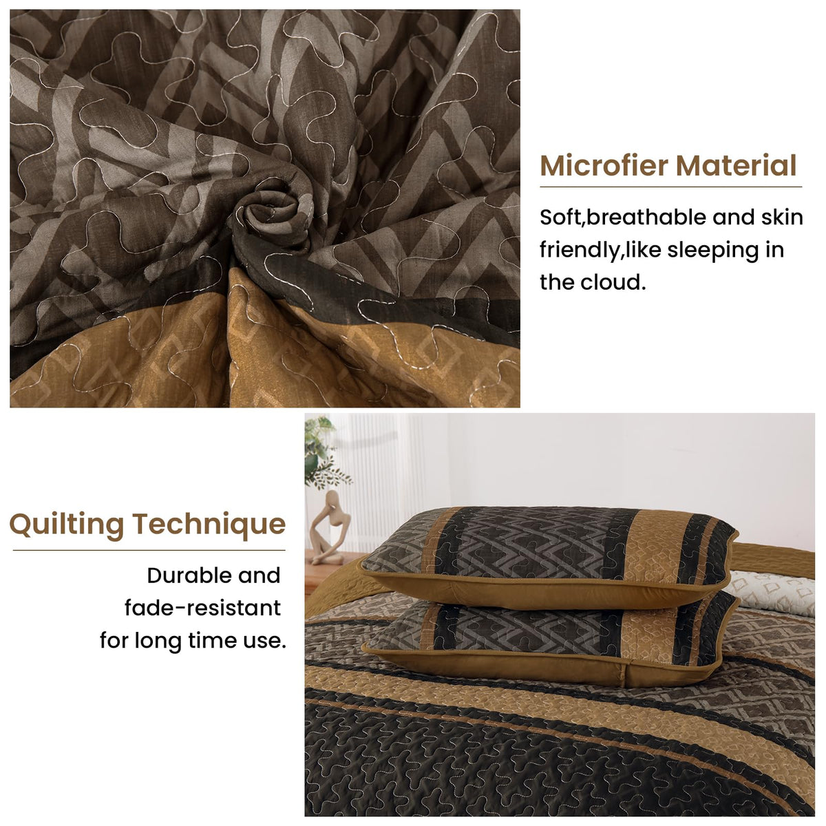 Quilt, Striped Fall Bedding Set, Boho Bedspread, Brown