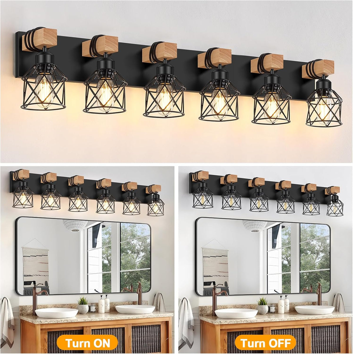 6-Light Bathroom Vanity Light, Bathroom Wall Lamps Over Mirror | Rustic Wood & Black Metal Shade, Wood Black Vanity